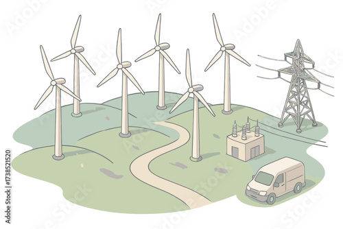 Pastel Wind Farm Icons. Isometric vector illustration set Wind farm: multiple turbines, service road, substation box, transmission