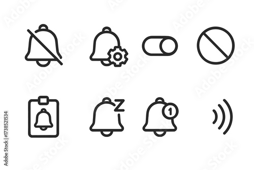 Notification Control Icons. Outline icon set of notification controls: mute bell, notification settings, toggle switch, do not disturb, notification history,