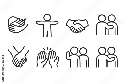 Hug Gesture Icons. Outline icon set of hug-related actions: hugging hands, open arms, handshake, pat on back, holding hands, high five, waving goodbye,