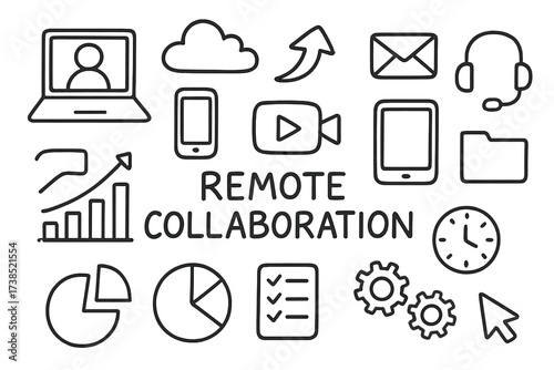 Remote Work Icons. Hand-drawn doodle illustration Remote collaboration laptop, smartphone, tablet, headset, cloud, arrows, envelope, folder, bar chart, pie