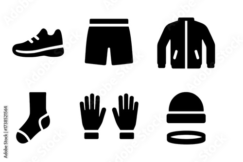 Jogging Outfit Icons. Solid, filled icon set of jogging clothing: running shoes, shorts, t-shirt, jacket, socks, gloves, hat, sweatband. [Line icons in only