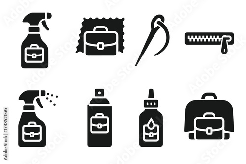 Briefcase Care Icons. Solid, filled icon set of briefcase maintenance: leather cleaner, polish cloth, stitching needle, zipper repair, waterproof spray,