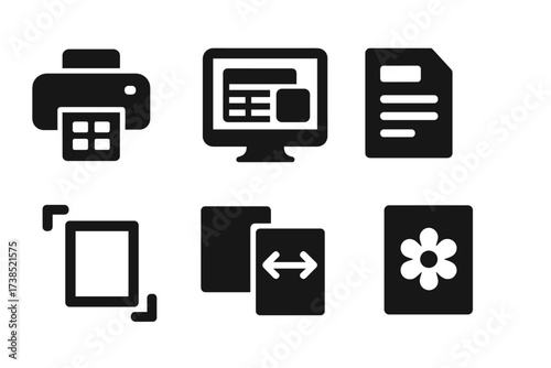 Spreadsheet Printing Icons. Solid, filled icon set of spreadsheet printing: printer icon, print preview, page setup, header/footer, print range, page