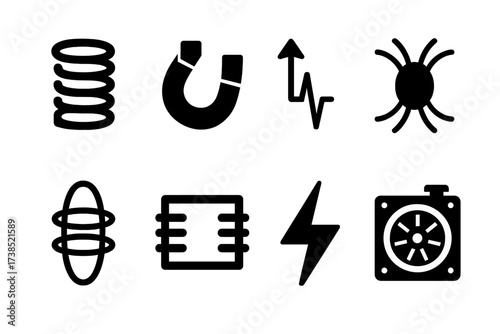 Electromagnetic Induction Icons. Solid, filled icon set of electromagnetic induction: coil, magnet, electric current, wire loops, magnetic field lines,
