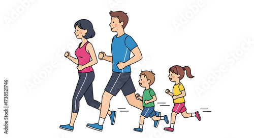 Family running together enjoying a healthy lifestyle activity, father, mother, son and daughter jogging outdoors for fitness and wellness