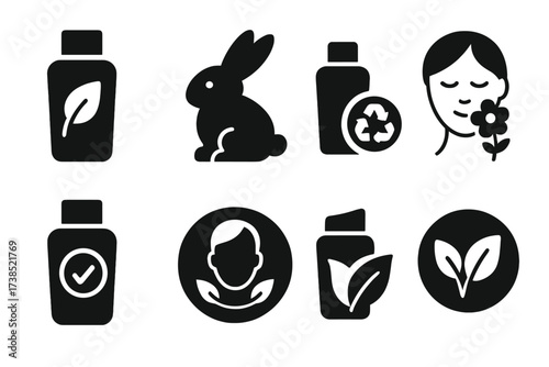Eco-Friendly Icon Set. Solid, filled icon set of lotion eco and safety: organic label, cruelty-free, recyclable package, hypoallergenic, dermatologist tested,