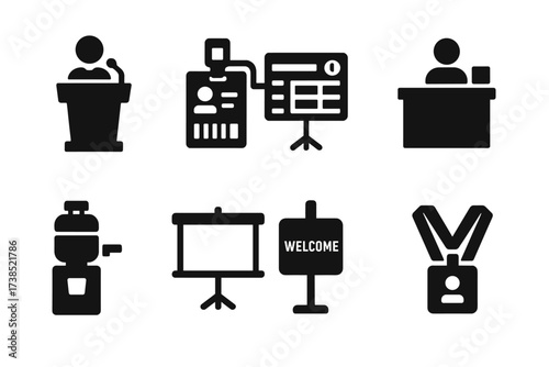 Conference Icon Set. Solid, filled icon set of conference hosting: speaker podium, badge scanner, schedule board, registration desk, water station, projector