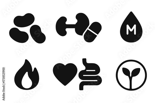 Legume Nutrition Icons. Solid, filled icon set of legume nutrition: protein source, fiber icon, vitamin capsule, mineral drop, energy flame, healthy heart,