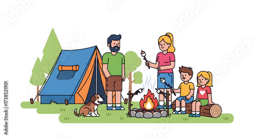 Family camping trip with a campfire and a dog, enjoying marshmallows under the trees