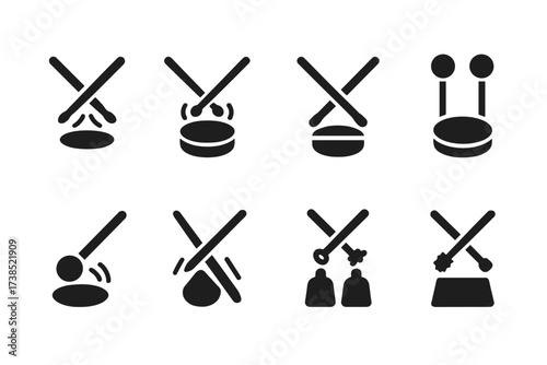 Drumsticks Icon Set. Solid, filled icon set of drumsticks drumming styles: rock sticks, jazz sticks, marching band sticks, orchestral mallets, electronic