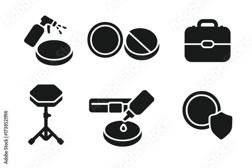 Practice Pad Icon Set. Solid, filled icon set of practice pad maintenance: cleaning, surface replacement, storage case, strap, stand, inspection, rubber