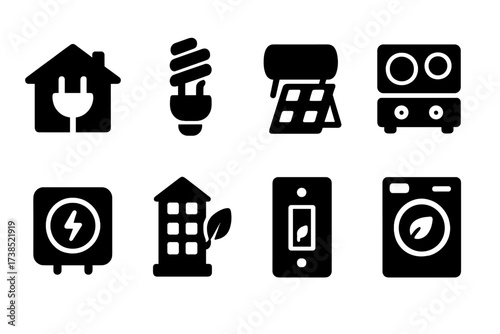 Clean Energy Icons. Solid, filled icon set of clean power usage: electric home, energy saving light, solar water heater, electric cooker, smart meter, green