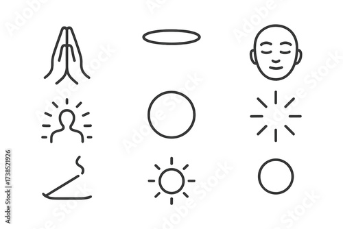 Spiritual Silence Icons. Outline icon set of spiritual silence: prayer hands, halo, aura glow, sacred circle, calm face with closed eyes, light rays, incense