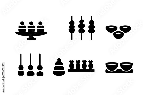 Appetizer Icon Set. Solid, filled icon set of appetizer serving styles: platter, individual cups, skewers, mini bowls, toothpicks, canape, finger food tray,