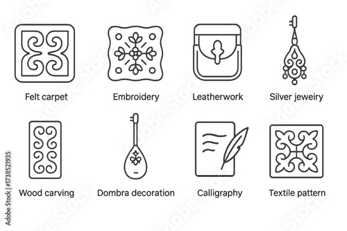 Central Asian Icon Set. Outline icon set of Kazakh crafts and art: felt carpet, embroidery, leatherwork, silver jewelry, wood carving, dombra decoration,