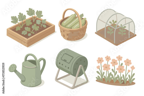 Neighborhood Garden Icons. Isometric vector illustration set Neighborhood garden project: garden beds, basket of zucchini,