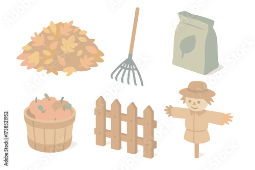 Autumn Yard Work Essentials. Isometric vector illustration set Fall yard work essentials: autumn leaf pile, rake tool, compost bag