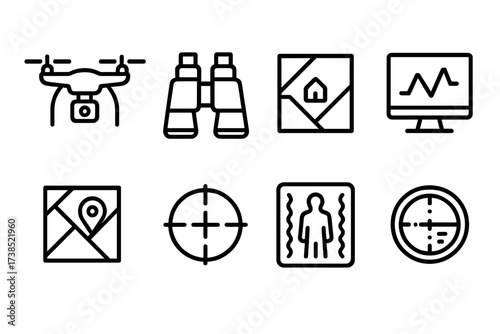 Drone Reconnaissance Icons. Outline icon set of drone reconnaissance: camera drone, binoculars, satellite image, data analysis, map overlay, target reticle,