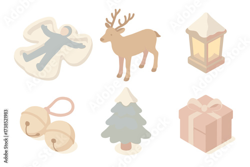 Winter Holiday Icons. Isometric vector illustration set Holiday winter scene: snow angel impression cold, reindeer, snow lantern,