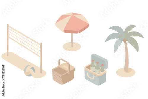 Summer Sports Icons. Isometric vector illustration set Summer sports festival: beach volleyball net, volleyball ball, parasol