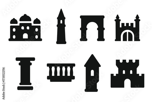 Noble Architecture Icons. Solid, filled icon set of noble architecture: palace, tower, archway, gate, column, balcony, turret, fortress. Solid, filled icons in