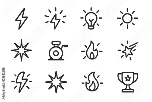 Diverse Icon Sets. Outline icon set of energy spark: electric flash, power surge, light bulb spark, solar flare, energy burst, dynamo, shockwave, spark trail.