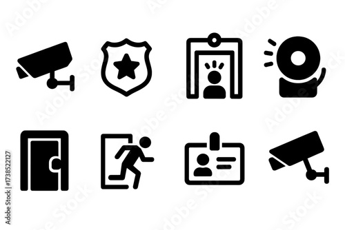 Auction Security Icons. Solid, filled icon set of auction security: security camera, guard badge, metal detector, alarm bell, locked door, emergency exit, ID