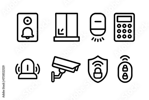 Home Alarm Icons. Outline icon set of home alarms: doorbell alarm, window alarm, motion detector, keypad, siren, security camera, alarm sticker, remote