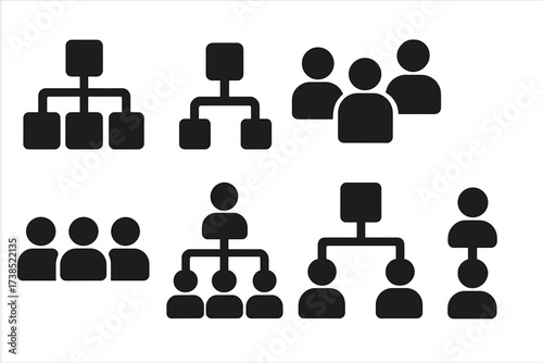 Black Organizational Icons. Solid, filled icon set of organizational chart: nodes, branches, connections, groups, departments, divisions, teams, roles. Solid,