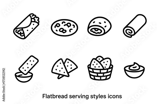 Flatbread Icon Set. Outline icon set of flatbread serving styles: folded wrap, open-faced, stuffed bread, rolled sandwich, dipped flatbread, cut slices, bread