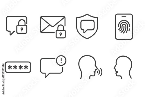 Secure Communication Icons. Outline icon set of confidential communication tools: locked speech bubble, encrypted message, shield with chat, secure call,