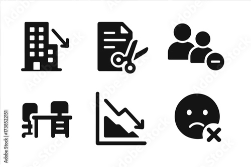 Company Downsizing Icons. Solid, filled icon set of company downsizing: building with arrow down, document with scissors, people icons with minus, empty