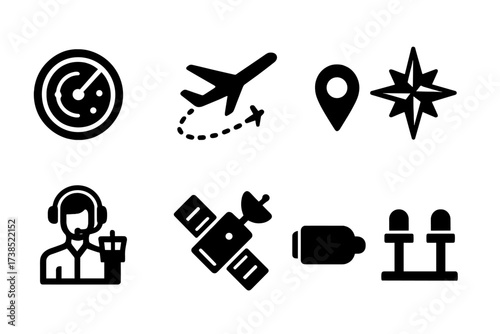 Flight Navigation Icons. Solid, filled icon set of flight navigation: radar screen, flight path, map pin, compass rose, air traffic controller, satellite,