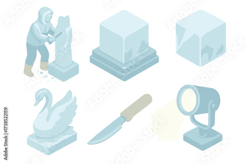 Frozen Artistry Display. Isometric vector illustration set Frozen artwork display: ice sculpture carve winter, pedestal stand,
