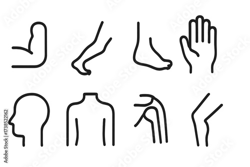 Body Movement Icons. Outline icon set of body movement parts: arm, leg, foot, hand, head, torso, shoulder, knee. Line icons in only black color, consistent