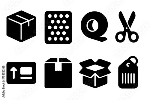 Packaging Materials Icons. Solid, filled icon set of packaging materials: cardboard box, bubble wrap, packing tape, scissors, label sticker, shipping box, open