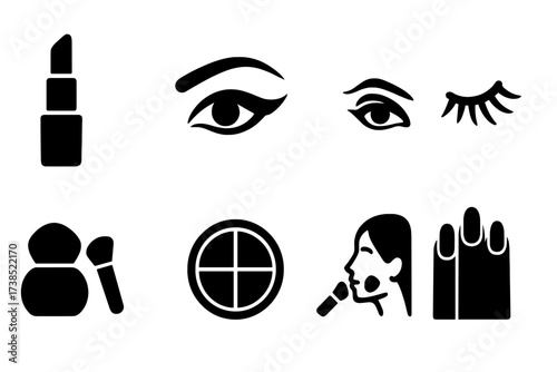 Elegant Makeup Icons. Solid, filled icon set of elegant makeup: red lipstick, winged eyeliner, smoky eyes, false lashes, highlighter, blush, contour, polished