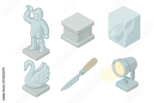 Frozen Artistry Display. Isometric vector illustration set Frozen artwork display: ice sculpture carve winter, pedestal stand,