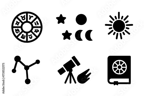 Astrology Icon Set. Solid, filled icon set of zodiac and astrology: zodiac wheel, stars, moon phases, sun, constellation, telescope, comet, horoscope book.