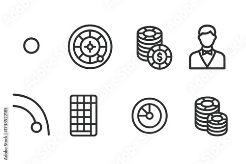 Roulette Icon Set. Outline icon set of roulette game symbols: ball, wheel numbers, betting chips, dealer, ball path, casino table, winning slot, chip stack.