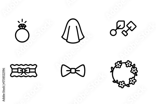 Proposal Accessories Icons. Outline icon set of proposal accessories: engagement ring, veil, tiara, cufflinks, garter, bow tie, necklace, flower crown. Line