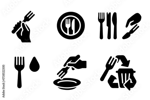 Cutlery Etiquette Icons. Solid, filled icon set of cutlery etiquette: proper hold, placement on plate, usage order, passing etiquette, cleaning before use,