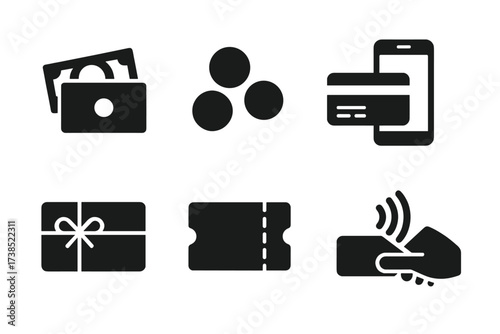 Payment Method Icons. Solid, filled icon set of cash register payment methods: cash bills, coins, credit card, debit card, mobile payment, gift card, coupon,