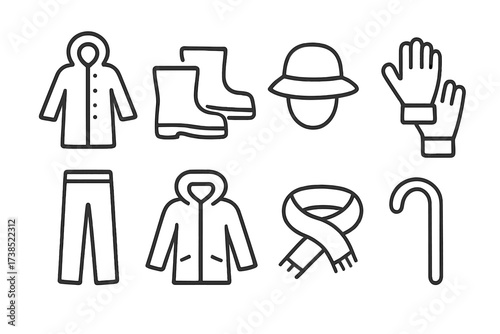 Rainy Day Gear Icons. Outline icon set of rainy day clothing: raincoat, waterproof boots, hat with brim, gloves, waterproof pants, hooded jacket, scarf,