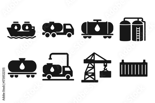 Oil Transport Icons. Solid, filled icon set of oil transportation: tanker ship, oil truck, pipeline, storage depot, railroad tanker, loading dock, port crane,