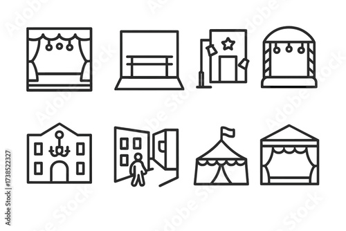 Dance Venue Icons. Outline icon set of dance venues: theater stage, dance studio, nightclub, open air stage, ballroom, street corner, festival tent, concert