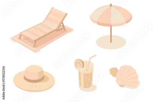 Pastel Beach Icons. Isometric vector illustration set Hot summer beach: sunbathe towel lounge summer, folding umbrella, sand