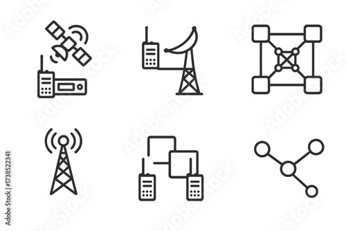 Military Radio Icons. Outline icon set of military radio network: satellite link, relay station, mesh network, communication hub, signal tower, data link,