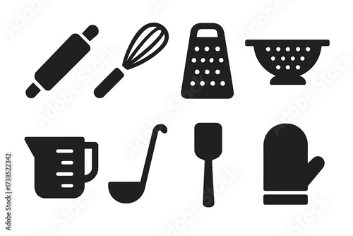 Kitchen Tools Icons. Solid, filled icon set of local food kitchen tools: rolling pin, whisk, grater, colander, measuring cup, ladle, spatula, oven mitt. [Line