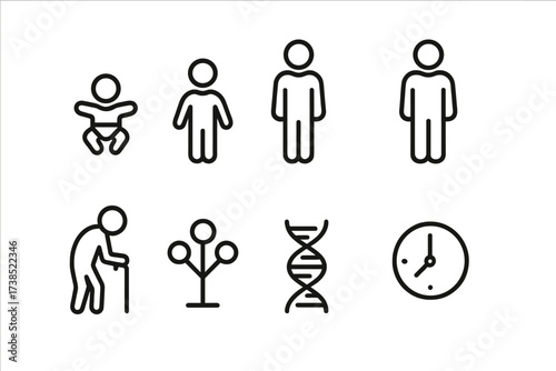 Generations Icon Set. Outline icon set of generations: baby, child, teenager, adult, elder, family tree, DNA strand, clock. Line icons in only black color,